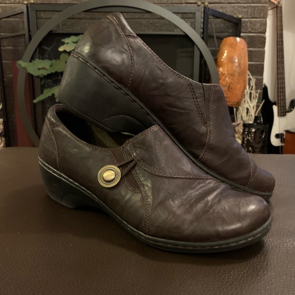 Clarks 15260 Loafer Slip-on Clog-style heel Size 9.5 Comfort Shoe Brown